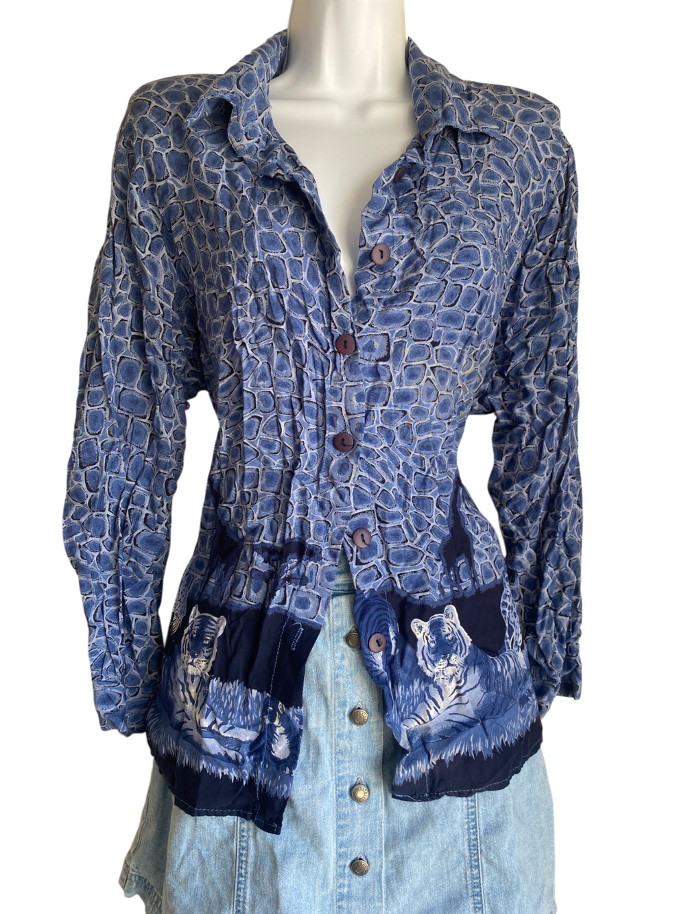 VTG Tapestry Plus 1X Boho Animal Print Sheer Blue Button Up Blouse Whimsigoth
